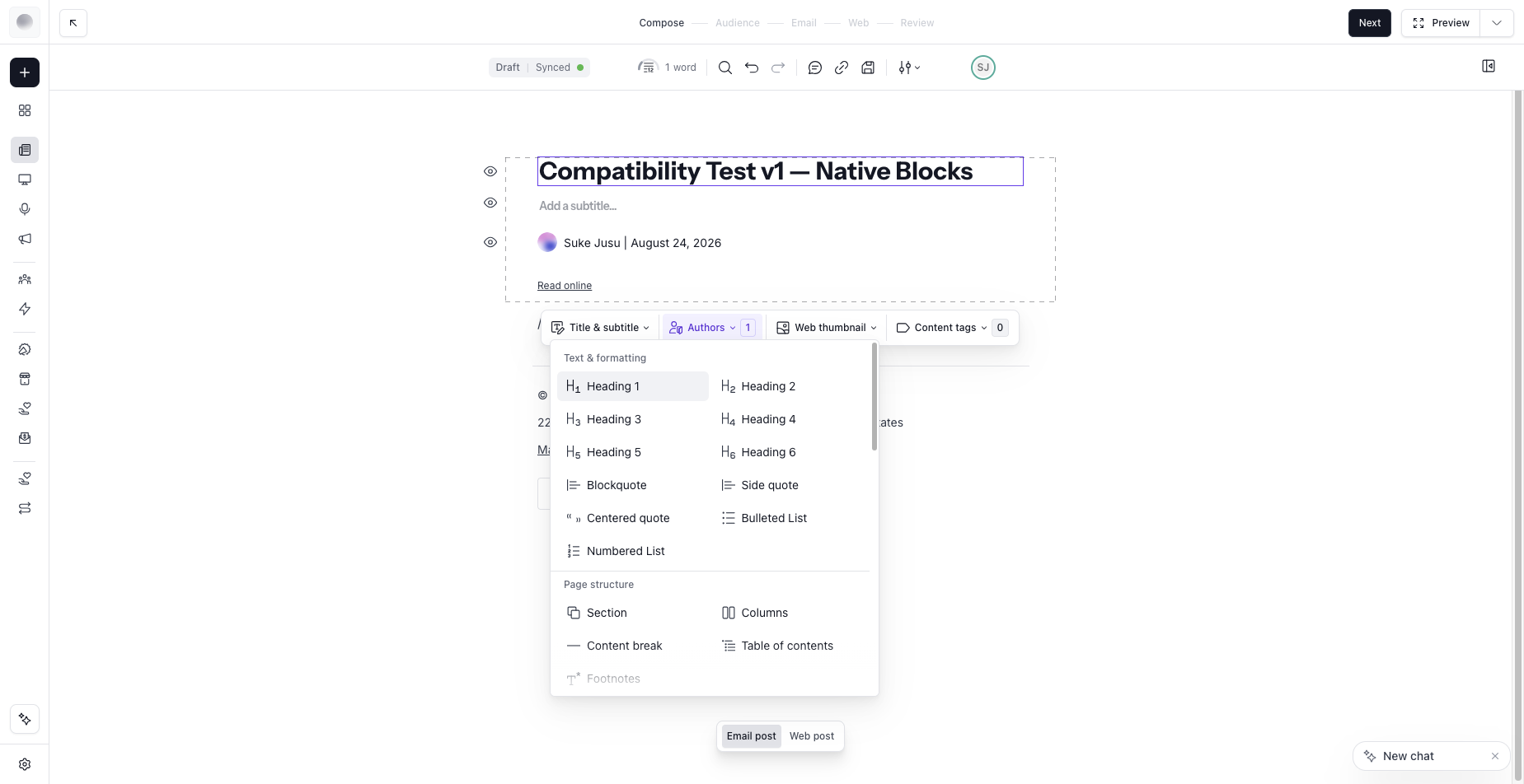 Beehiiv editor on 2026-08-24: menu