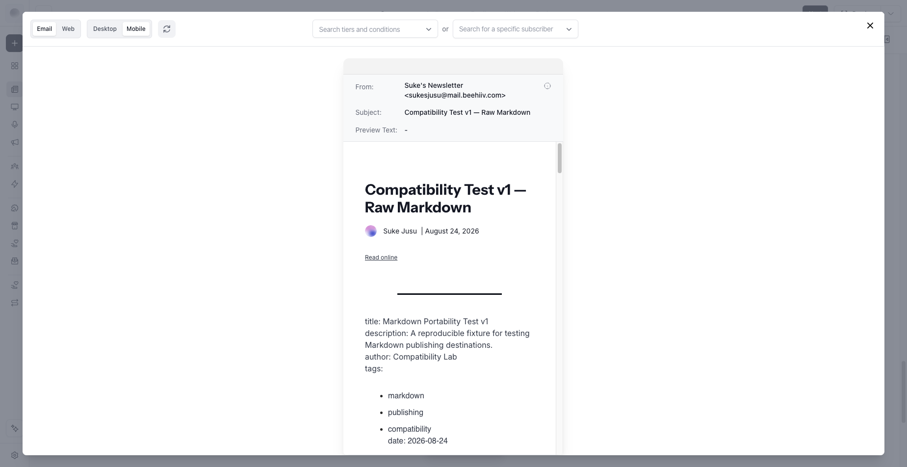 Beehiiv editor on 2026-08-24: mobile preview
