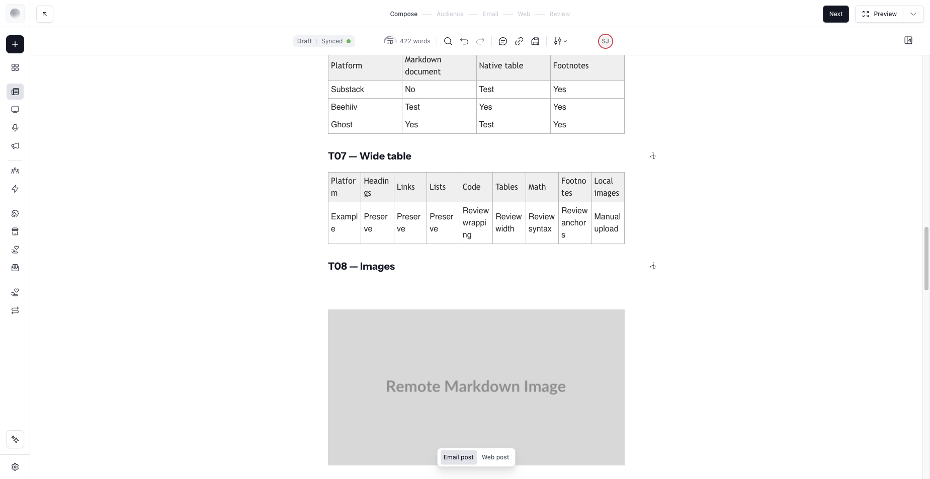 Beehiiv editor on 2026-08-24: tables