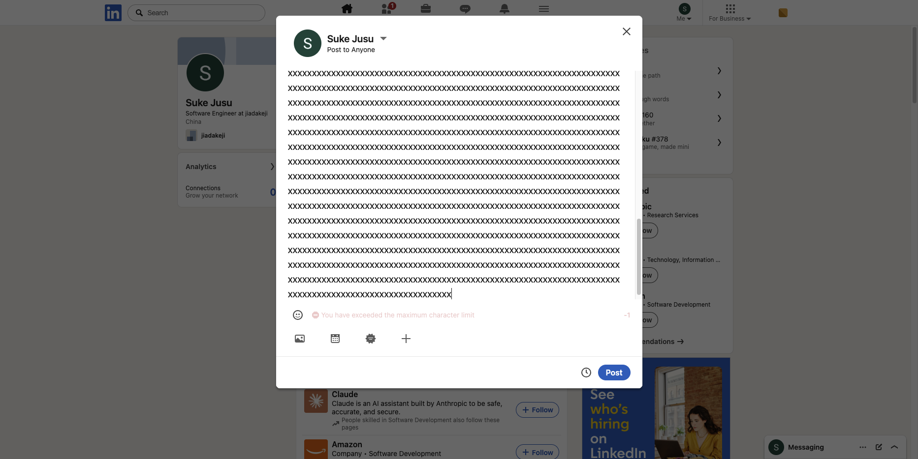 LinkedIn editor on 2026-08-24: 3,001-character rejection