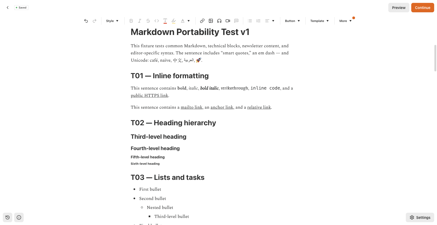 Rich HTML pasted into the Substack post editor, showing preserved headings, emphasis, and nested lists. Tested 2026-08-24.